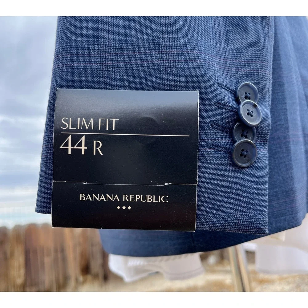 New Banana Republic Blazer Men 44R Blue Slim Fit Glen Plaid Suit Jacket Stretch